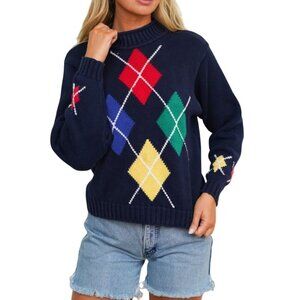 Lizsport Vintage Preppy Y2K Argyle Navy Crewneck Pullover Cotton Sweater Size S